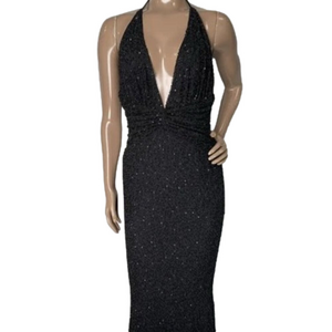 NEW OH POLLY Women Maxi Dress Black Size 8 Verona Embellished Plunge Halter Neck
